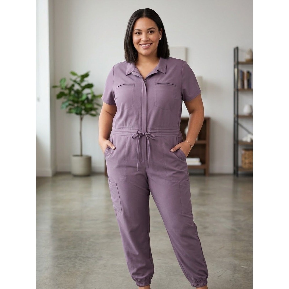 Mandala Equa-Tek Scrub Jumpsuit Purple Mauve Zip Front Jogger 2XL Womens